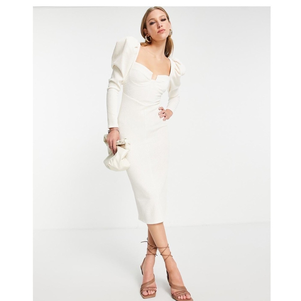 New‎ ASOS DESIGN White Ribbed Midi Dress Puff Sleeve US8